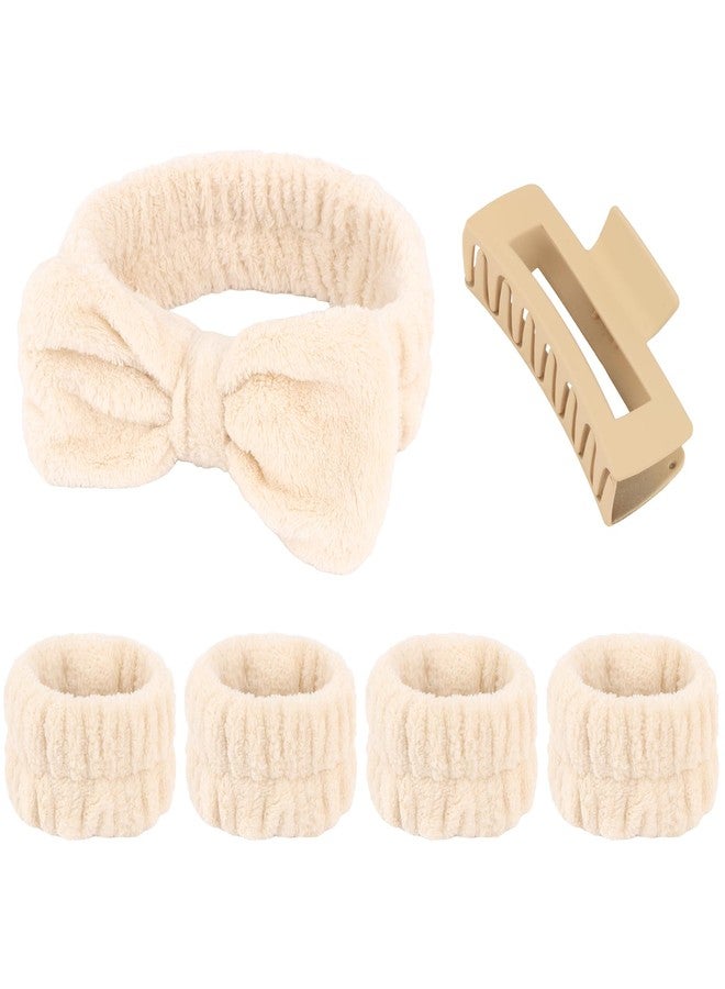 AMCAMI Spa Makeup Headband Set, Beige Fuzzy Bow Skincare Face Wash Headband Hair Accessories,Non-Slip Hair Claw Soft Wristbands for Women Daily - Image 1